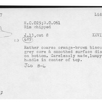 Index card with typed and handwritten information, sometimes including a sketch, of pottery from an excavation.