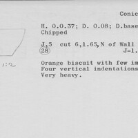 Index card with typed and handwritten information, sometimes including a sketch, of pottery from an excavation.