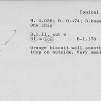 Index card with typed and handwritten information, sometimes including a sketch, of pottery from an excavation.