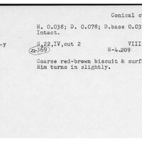Index card with typed and handwritten information, sometimes including a sketch, of pottery from an excavation.