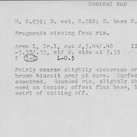 Index card with typed and handwritten information, sometimes including a sketch, of pottery from an excavation.