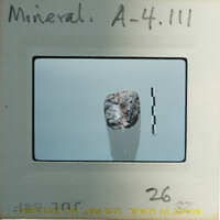 A small, dark rock specimen on a light background with a white border and a label.