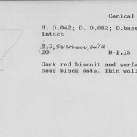 Index card with typed and handwritten information, sometimes including a sketch, of pottery from an excavation.