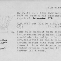 Index card with typed and handwritten information, sometimes including a sketch, of pottery from an excavation.