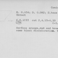 Index card with typed and handwritten information, sometimes including a sketch, of pottery from an excavation.