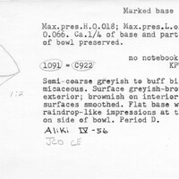 Index card with typed and handwritten information, sometimes including a sketch, of pottery from an excavation.