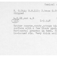 Index card with typed and handwritten information, sometimes including a sketch, of pottery from an excavation.
