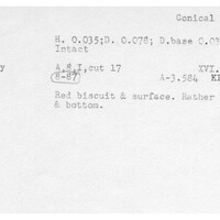 Index card with typed and handwritten information, sometimes including a sketch, of pottery from an excavation.