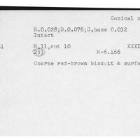 Index card with typed and handwritten information, sometimes including a sketch, of pottery from an excavation.