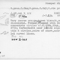 Index card with typed and handwritten information, sometimes including a sketch, of pottery from an excavation.