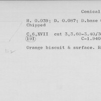 Index card with typed and handwritten information, sometimes including a sketch, of pottery from an excavation.