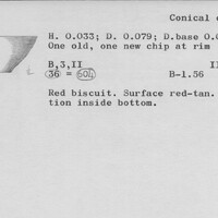 Index card with typed and handwritten information, sometimes including a sketch, of pottery from an excavation.