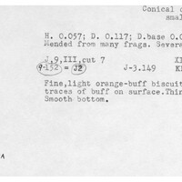 Index card with typed and handwritten information, sometimes including a sketch, of pottery from an excavation.