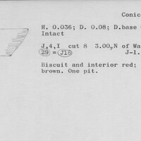 Index card with typed and handwritten information, sometimes including a sketch, of pottery from an excavation.