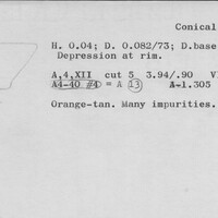 Index card with typed and handwritten information, sometimes including a sketch, of pottery from an excavation.