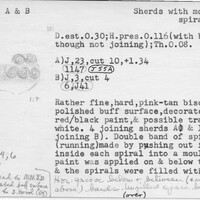 Index card with typed and handwritten information, sometimes including a sketch, of pottery from an excavation.