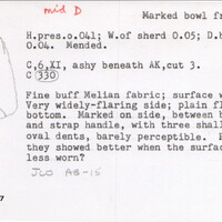 Index card with typed and handwritten information, sometimes including a sketch, of pottery from an excavation.