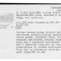 Index card with typed and handwritten information, sometimes including a sketch, of pottery from an excavation.