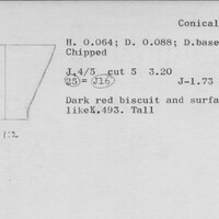 Index card with typed and handwritten information, sometimes including a sketch, of pottery from an excavation.