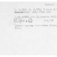Index card with typed and handwritten information, sometimes including a sketch, of pottery from an excavation.