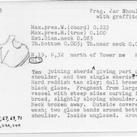 Index card with typed and handwritten information, sometimes including a sketch, of pottery from an excavation.
