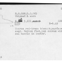 Index card with typed and handwritten information, sometimes including a sketch, of pottery from an excavation.