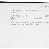 Index card with typed and handwritten information, sometimes including a sketch, of pottery from an excavation.