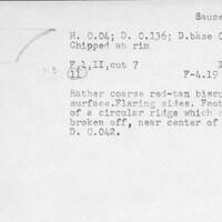 Index card with typed and handwritten information, sometimes including a sketch, of pottery from an excavation.