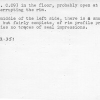 Index card with typed and handwritten information, sometimes including a sketch, of pottery from an excavation.