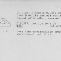 Index card with typed and handwritten information, sometimes including a sketch, of pottery from an excavation.