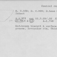 Index card with typed and handwritten information, sometimes including a sketch, of pottery from an excavation.
