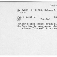 Index card with typed and handwritten information, sometimes including a sketch, of pottery from an excavation.