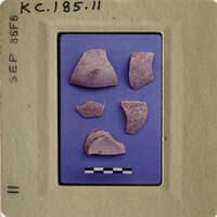 A collection of broken pottery pieces on a blue background.