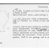 Index card with typed and handwritten information, sometimes including a sketch, of pottery from an excavation.
