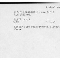 Index card with typed and handwritten information, sometimes including a sketch, of pottery from an excavation.