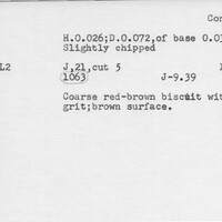 Index card with typed and handwritten information, sometimes including a sketch, of pottery from an excavation.