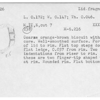 Index card with typed and handwritten information, sometimes including a sketch, of pottery from an excavation.
