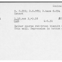 Index card with typed and handwritten information, sometimes including a sketch, of pottery from an excavation.