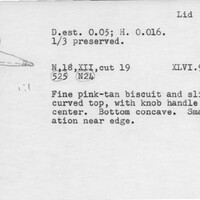 Index card with typed and handwritten information, sometimes including a sketch, of pottery from an excavation.