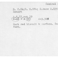 Index card with typed and handwritten information, sometimes including a sketch, of pottery from an excavation.