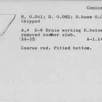 Index card with typed and handwritten information, sometimes including a sketch, of pottery from an excavation.