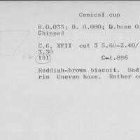 Index card with typed and handwritten information, sometimes including a sketch, of pottery from an excavation.