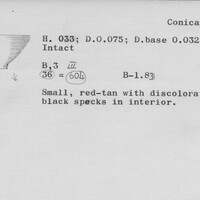 Index card with typed and handwritten information, sometimes including a sketch, of pottery from an excavation.
