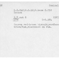 Index card with typed and handwritten information, sometimes including a sketch, of pottery from an excavation.