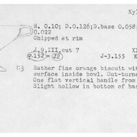 Index card with typed and handwritten information, sometimes including a sketch, of pottery from an excavation.