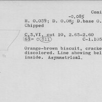 Index card with typed and handwritten information, sometimes including a sketch, of pottery from an excavation.