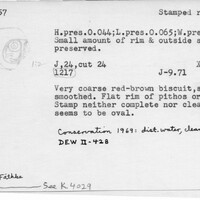 Index card with typed and handwritten information, sometimes including a sketch, of pottery from an excavation.