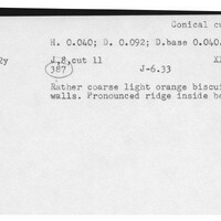 Index card with typed and handwritten information, sometimes including a sketch, of pottery from an excavation.