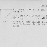 Index card with typed and handwritten information, sometimes including a sketch, of pottery from an excavation.