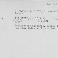 Index card with typed and handwritten information, sometimes including a sketch, of pottery from an excavation.